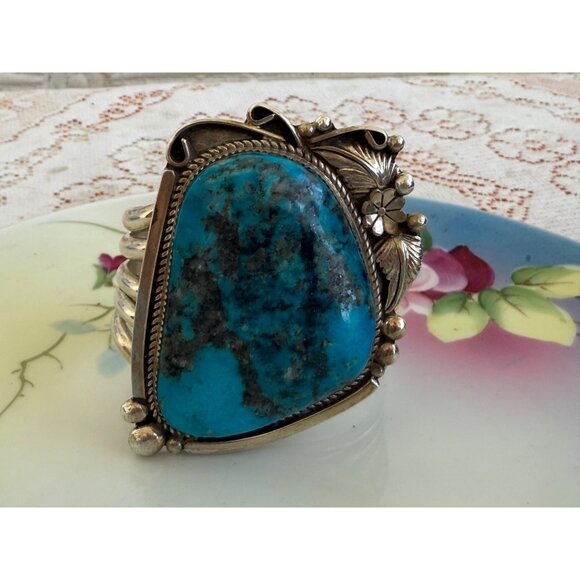 Vintage Ray Nez Heavy Large Blue Turquoise Sterling Cuff Bracelet - Picture 14 of 14